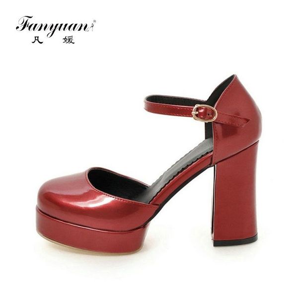 

fanyuan 2021 summer spring platform block high heels shoes for women patent pu buckle strap woman sandals big size 45 46, Black