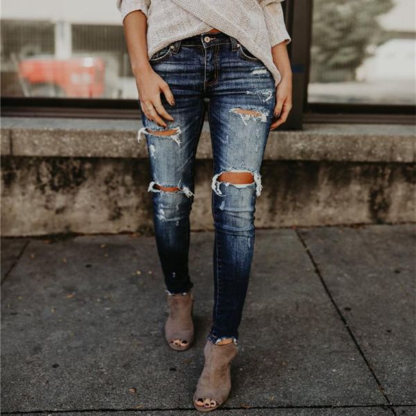 

women's jeans 2021 spring summer stretchy blue hole pants ripped woman denim trousers for women pencil skinny mz0998