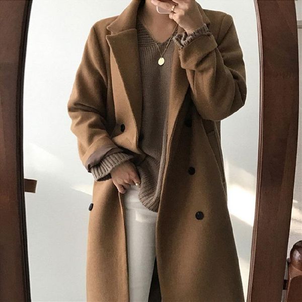 

women's wool & blends 2021 autumn winter female coats elegant solid color overcoat korean style long double-breasted coat, Black