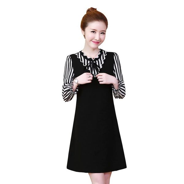 

casual dresses 2021 autumn pattern will fat code mm stripe split joint chalaza self-cultivation show lanky sleeve temperament dress, Black;gray