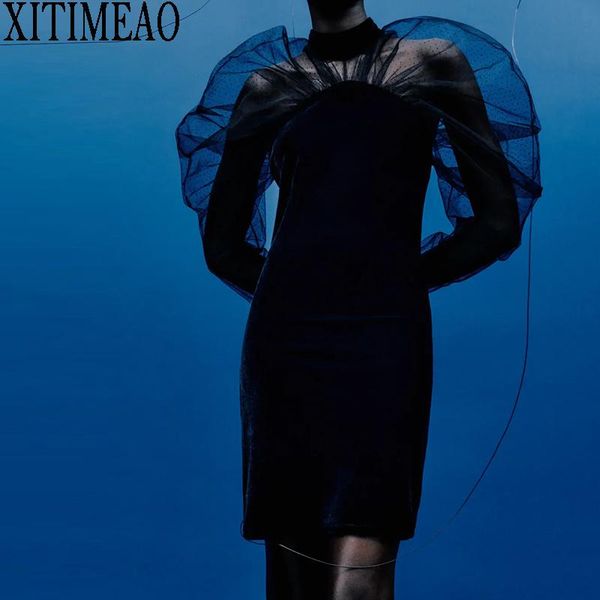 

women spring vintage velvet dress organza splicing exaggerated puffy sleeves black dresses female party casual, Black;gray