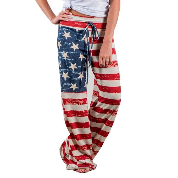 

fashionable ladies american flag striped printing drawstring wide leg pants loose leggings women's trousers 2021 & capris, Black;white