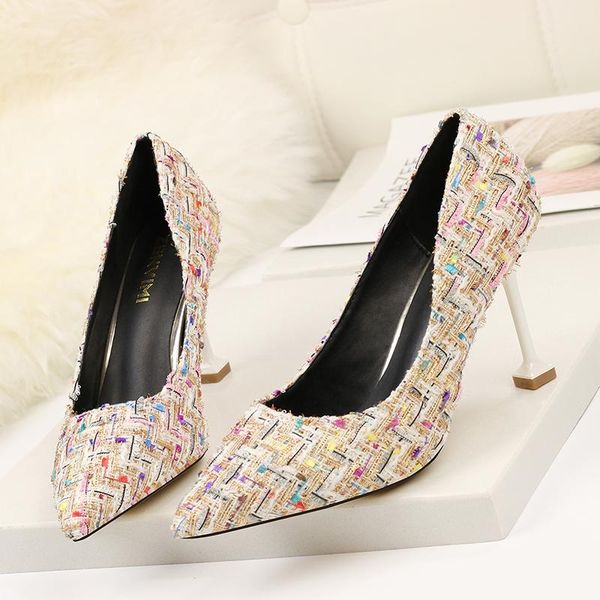 

dress shoes 2021 women's high heels bride party costume tweed mid 8.5cm heel pointed toe shallow side women 34-42, Black