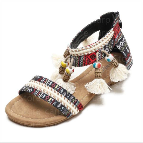 

sandals summer women slippers european and american ethnic fairy style open toe pendant beads travel roman xm035, Black