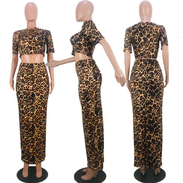 

two pieces women leopard printed es sets neck short sleeves sheath skirt aknle length nighclub suits, Black;gray