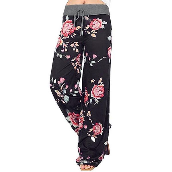 

women's pants & capris loose floral print drawstring casual wide leg female trousers long fashion sweatpants #4, Black;white