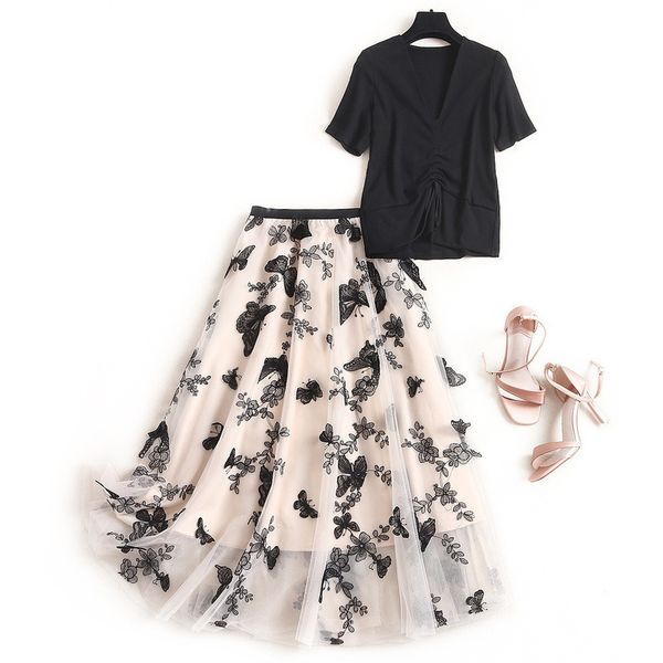 

two piece dress summer short sleeve v neck black pure color draped t-shirt + tulle embroidery mid-calf skirt 2 s set oj2314245 h4bt, White