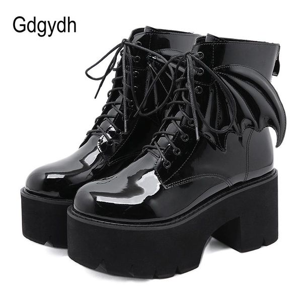 

gdgydh fashion angel wing ankle boots high heels patent leather womens platform punk gothic model shoes prefect, Black