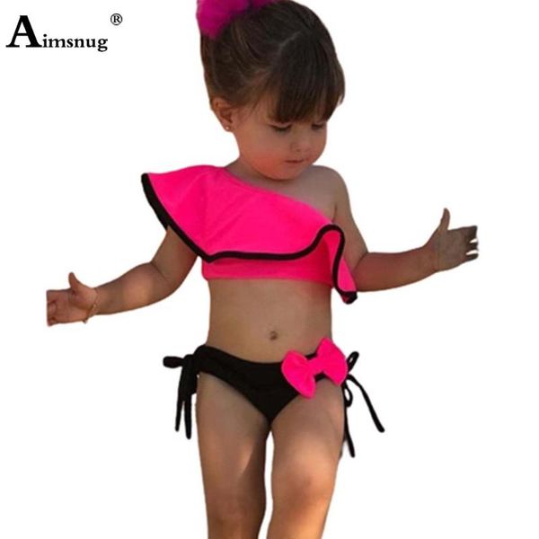 

one-pieces baby girls patchwork swimsuits children bandage two pieces swimwear 2021 fashion skew neck bathing suits kids clothing, Black