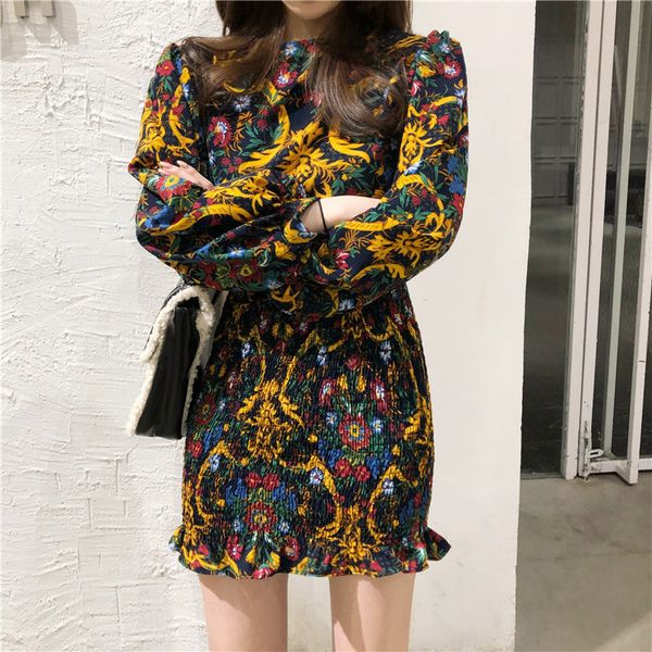 

dresses chic gentle print lantern-sleeved stylish slimming women office lady floral ruffles all-match mini es, Black;gray