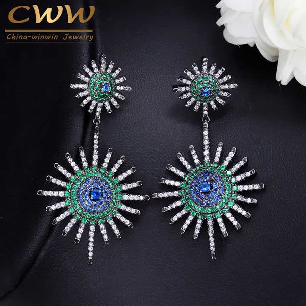

sparkling star shape black color mix green blue cz zirconia stones big long dangle earrings for women cz028 210714, Silver