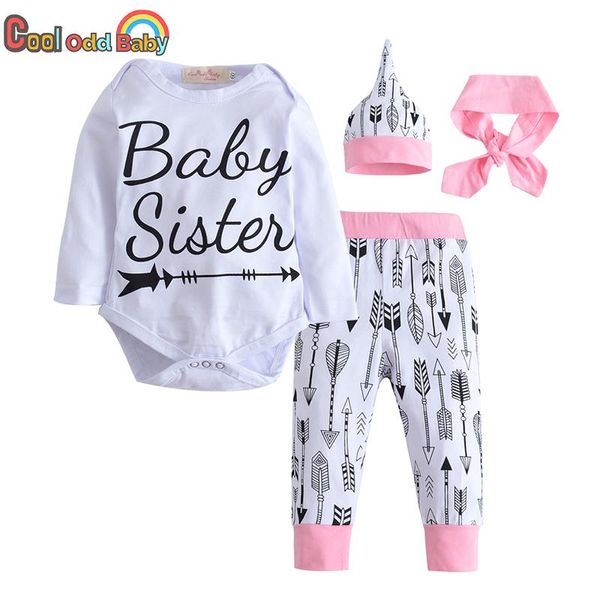 

clothing sets born baby girl clothes set cotton long sleeve letter print romper arrow pattern pants hat headband 4pcs infant, White