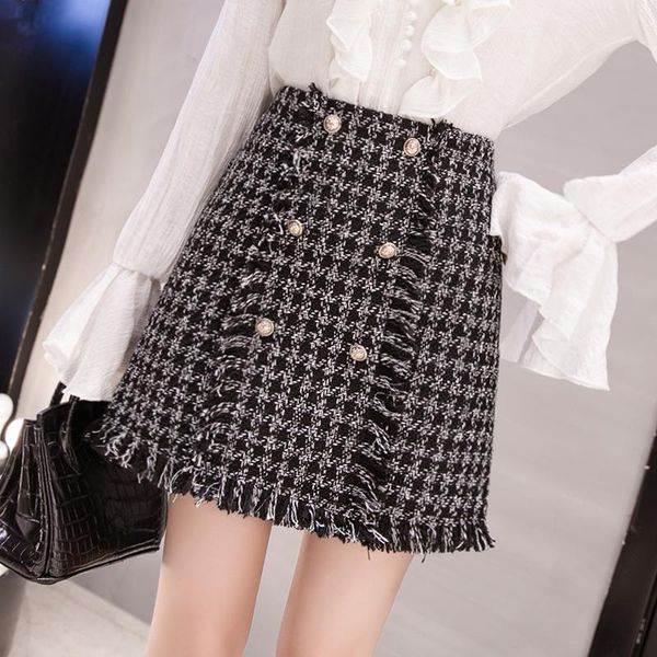 

skirts womens korean fashion button fringed trim office lady classic elegant tweed skirt a line high waist mini jupe femme, Black