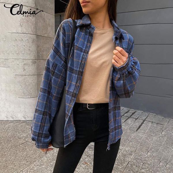 

korean autumn blouse women oversized plaid shirts 2021 celmia long sleeve fashion checked button blusas thick casual 7 women's blouses, White