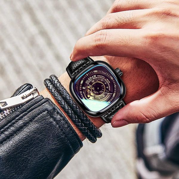 

wristwatches men's watch automatic mechanical 2021 montre homme fashion creative hollow square clock relogio masculino, Slivery;brown
