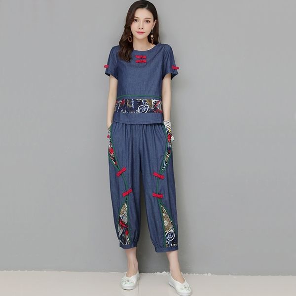 

chinese new fashion style summer women vintage cotton two pieces sets ladies o-neck loose and elastic harem pants 12403, Red