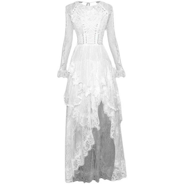 

est long sleeve rope lacing up ruffles lace dress 210526, Black;gray