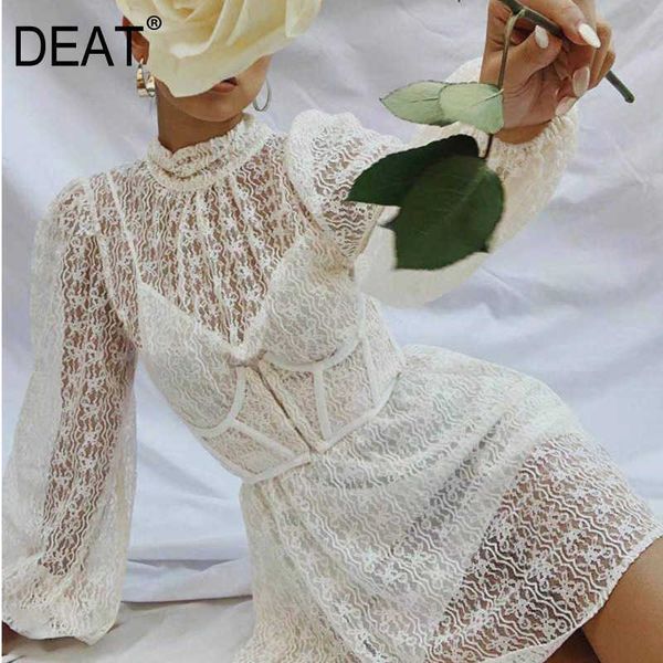 

[deat] summer fashion long sleeve stand-up collar high waist back hollow out elegant mini dress women 13q273 210527, Black;gray
