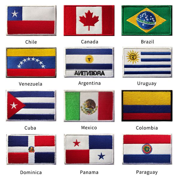 Америкас Страны Флаг Ткань Крюк и цикл Застегивание Вышивка Патчи Чили Бразилия Мексика Панама Аргентина Куба Патч Значок Привязки Рука