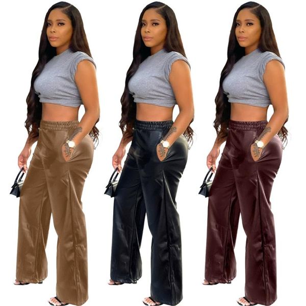 

women's pants & capris casaul women pu leather long wide with pocket solid colro high streetwear winter clothes for outfit, Black;white