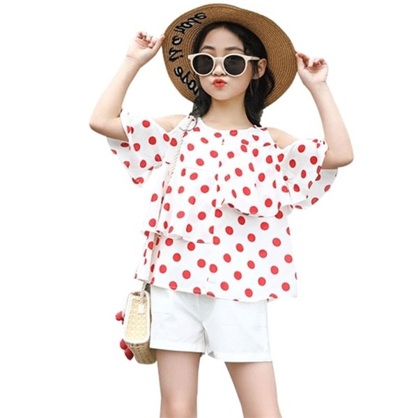 Kızlar Giysileri Dot Tshirt + Sınır Giyim Casual Stil Genç Yaz Çocuk Takımları için 6 8 10 12 14 210528