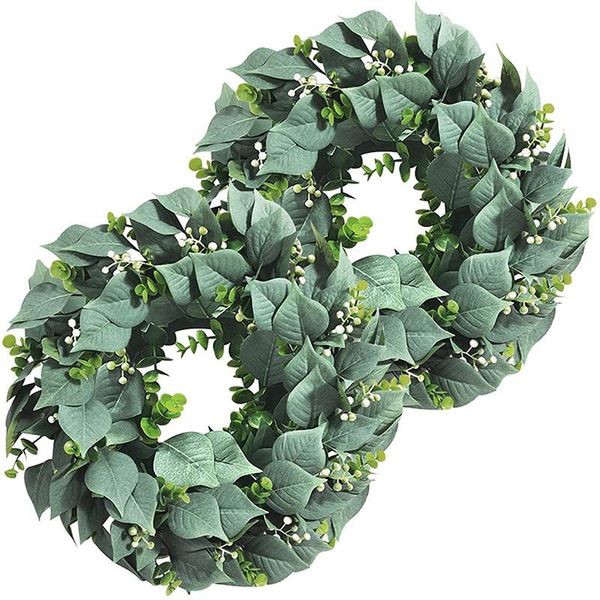 

decorative flowers & wreaths 2 pack artificial eucalyptus wreath for front door decor, 11inch greenery leaves with seeds home wall window