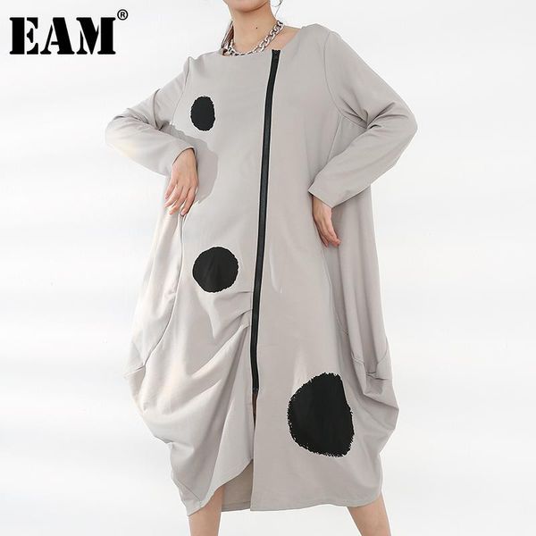 

[eam] women dot irregular hem big size long dress round neck sleeve loose fit fashion tide spring autumn 2021 1z18704 casual dresses, Black;gray