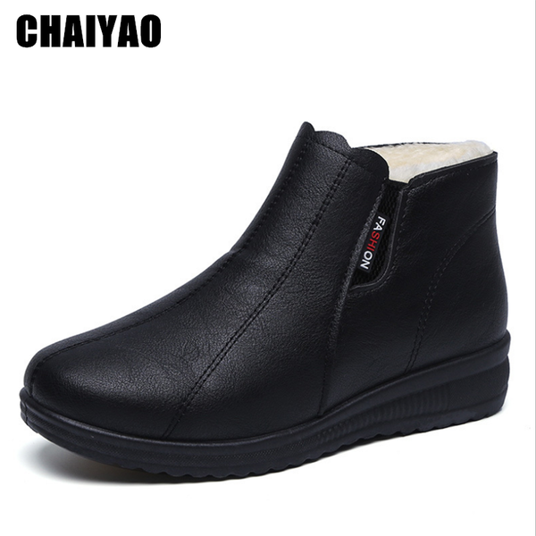 

boots winter women cotton 2021 ladies plush keep warm platform leisure pu leather non-slip wedges women's shoes, Black
