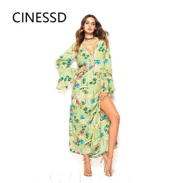 

casual dresses cinessd women plus size long dress bohemian floral printing ruffle large swing muslim v-neck sleeve thin maxi, Black;gray