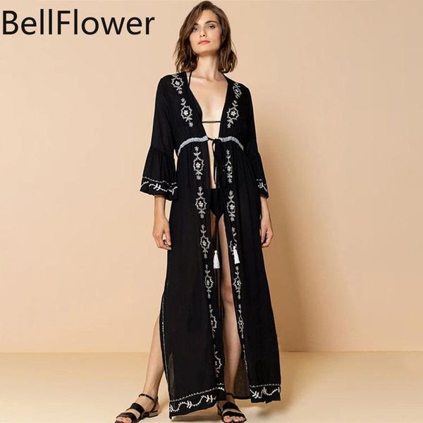 

women's swimwear black rayon embroidered cardigan 3/4 sleeve loose bandage tassel high waist sunscreen holiday party summer dress, White;black