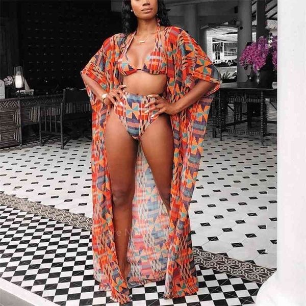 Moda Afrika Giyim Kadın Dahsiki Yaz 3 adet Bikini Suit Robe Afrika Afrika Elbiseler Etnik Bayanlar Mayo Giyim 210408