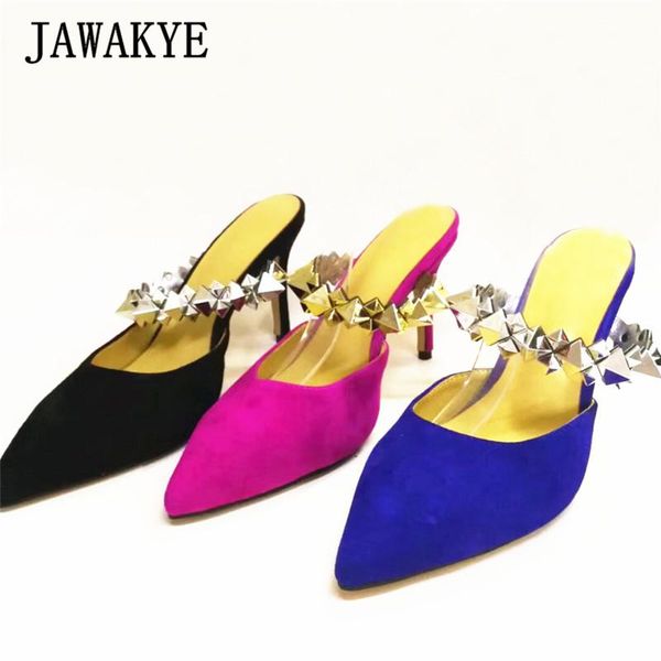 

slippers spike rivets chain high heels women sandals suede pointed toe runway mules shoes elegant spring summer stilettos femme, Black