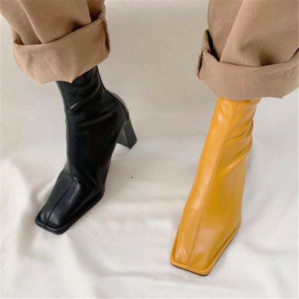 

boots yellow square toe women ankle chunky high heel elastic boot female slim fit sock fashio, Black