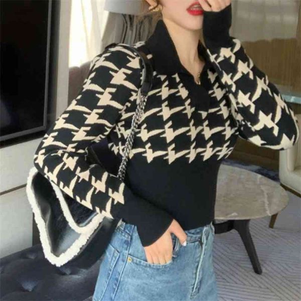 

sweater women's autumn and winter v-neck pullover waist hugging with houndstooth base shirt tight 210529, White