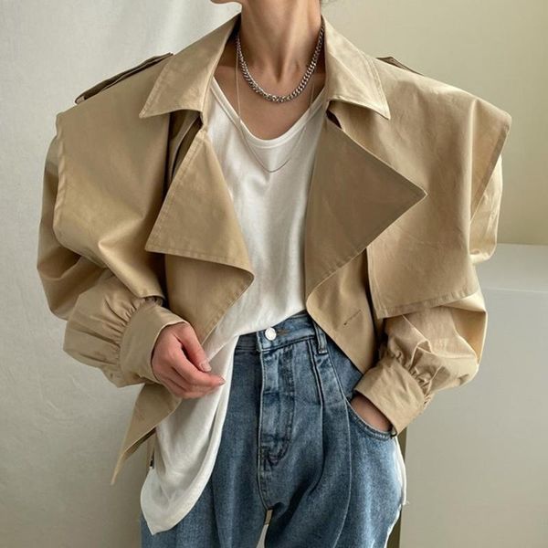

women's trench coats korean chic autumn french minority lapel design double breasted loose short bubble sleeve windbreaker coat women, Tan;black