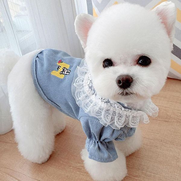 

dog apparel yellow blue pet clothes hoodie sweatshirts sweet corduroy shirt with lace collar pullover cat jackets bubble sleeves hoody l