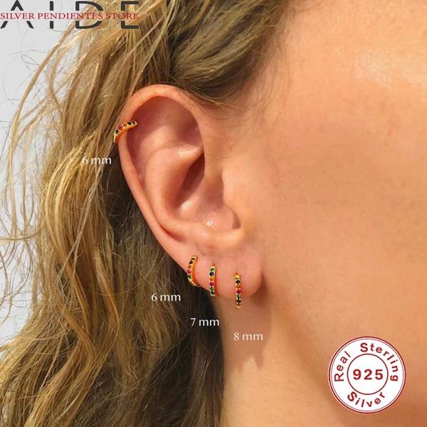 

hoop & huggie aide pendientes plata 925 sliver colorful zircon crystals huggies earrings for women bulk skinny rainbow jewelry, Golden;silver