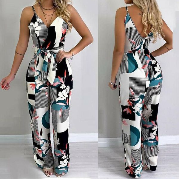 Dames jumpsuits rompertjes dames zomer strand wijde pijpen vakantie jumpsuit dames avondfeest sexy bloemenprint mouwloze playsuit met V-hals