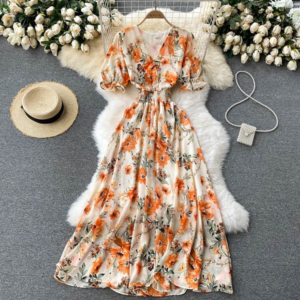 

bohemian summer floral long dress for women green/beige/black slim a-line vacation beach party chiffon maxi vestidos 2021 new, Black;gray