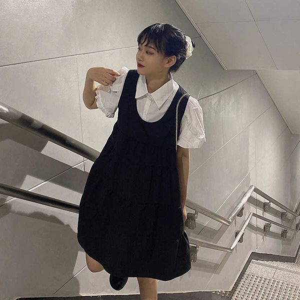 

style women casual square collar dress fashion sleeveless black vest dresses women's fold japanese pullovers loose dress 210527, Black;gray