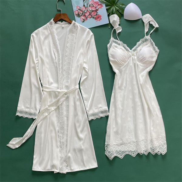 

women summer solid color 2pcs silk satin lace trim nightgown robe sets bathrobe sleepwear home dress nightdress, Black;red