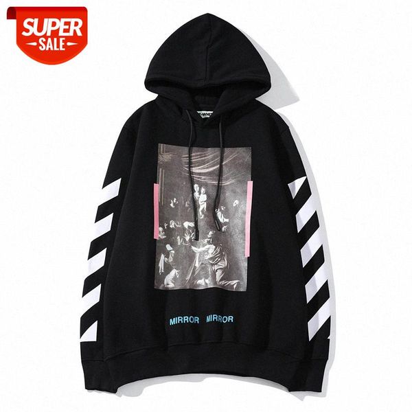 

ow white men's and women's casual striped oil painting religious hooded sweater plus velvet jacket #ow0u, Black