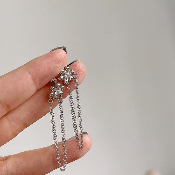 

stud silvology 925 sterling silver zircon flower chain earring for women elegant long tassel creative aesthetics jewelry, Golden;silver