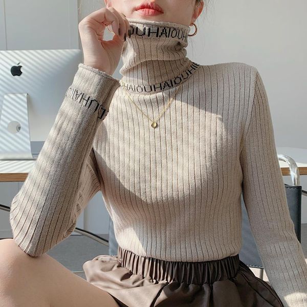 

women's sweaters 2021 fall clothing high neck thickened letter sweater western style embroidered inner bottoming shirt top, White;black