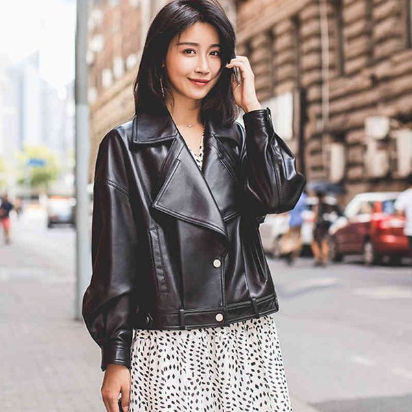 

autumn faux jacket women loose turndown collar ladies biker punk jackets single breasted motorcycle leather coats 201119, Black