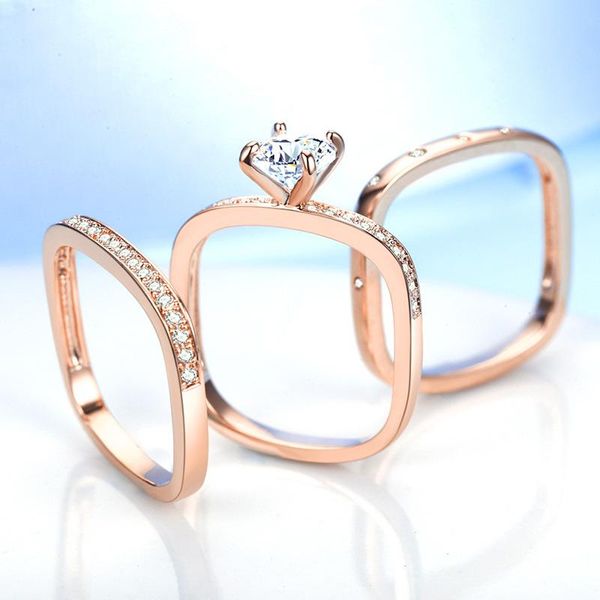 

cluster rings european 925 sterling silver 3 piece ring female crystal from swarovskis simple temperament wild fashion jewelry, Golden;silver