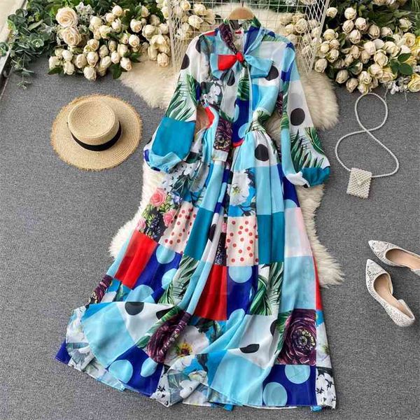 

fashion runway holiday chiffon long maxi dress women hit color plaid printted back zipper bow tie a-line big swing 210602, Black;gray