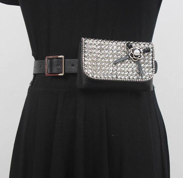 

belts women's runway fashion pu leather diamonds bag cummerbunds female dress corsets waistband decoration narrow belt r2632, Black;brown