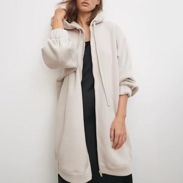 

women's wool & blends hadara fashion autumn hooded coats elegant zipper loose pockets jackets solid casual long ladies y0tk, Black