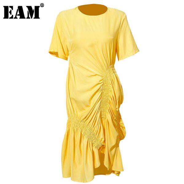 

[eam] spring summer round neck short sleeve black fold irregular split joint loose dress women fashion jw142 21512, Black;gray